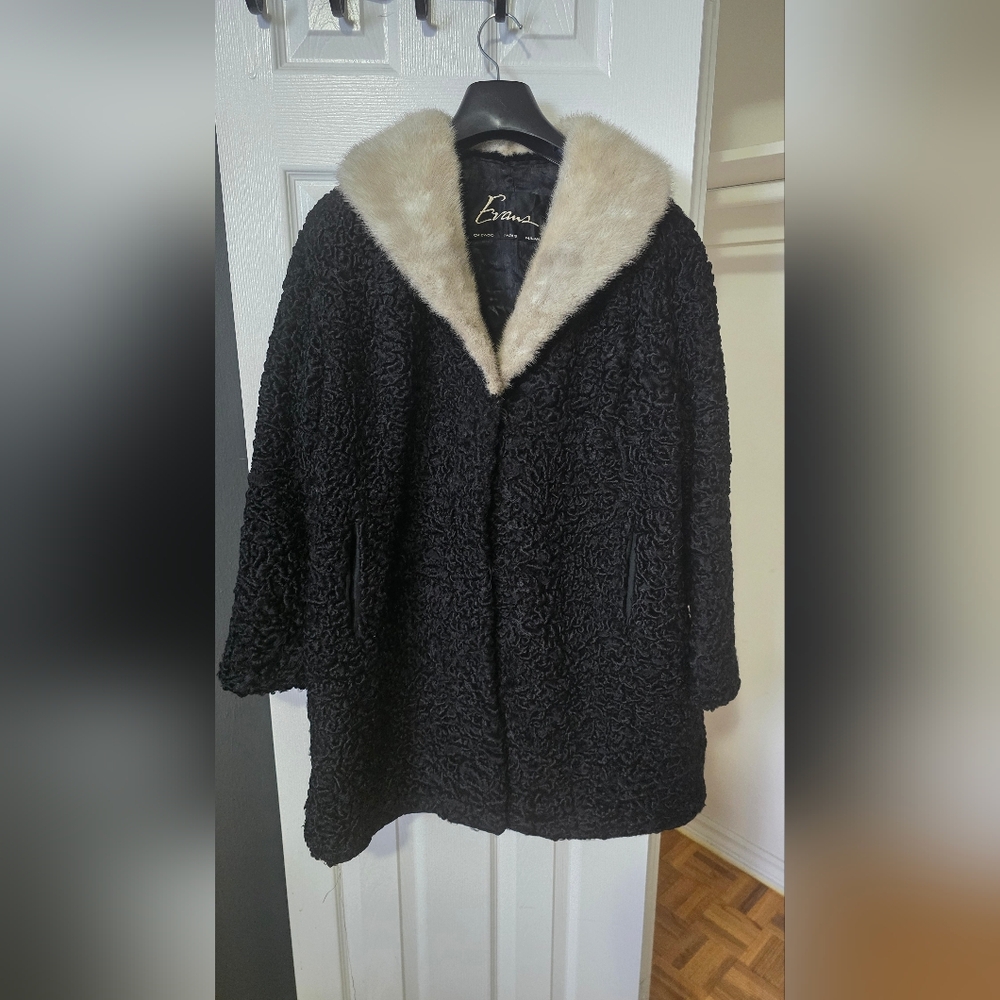 Vintage Evans Black Persian Lamb Fur Coat with Mink Collar - Small